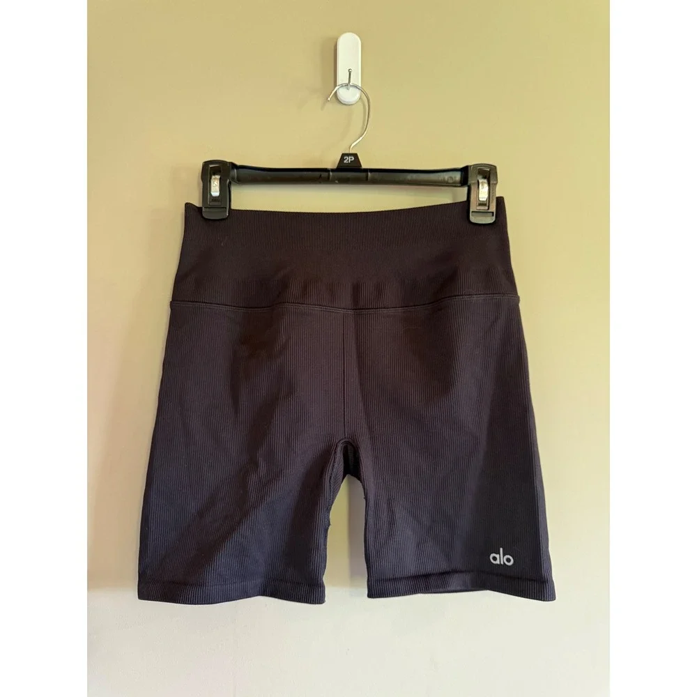 Alo Yoga Seamless Ribbed High Waist Biker Shorts Black Womens Medium